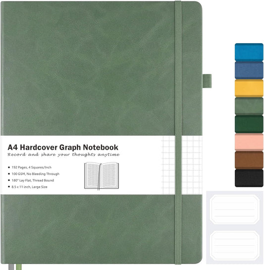 Graph Paper Notebook, Hardcover Notebook 8.5 x 11, Grid Notebook Journal for Women, Men, Large Leather Journals for Writing, Thick Paper, A4 Notebooks for Work, School Supplies, Engineering Olive