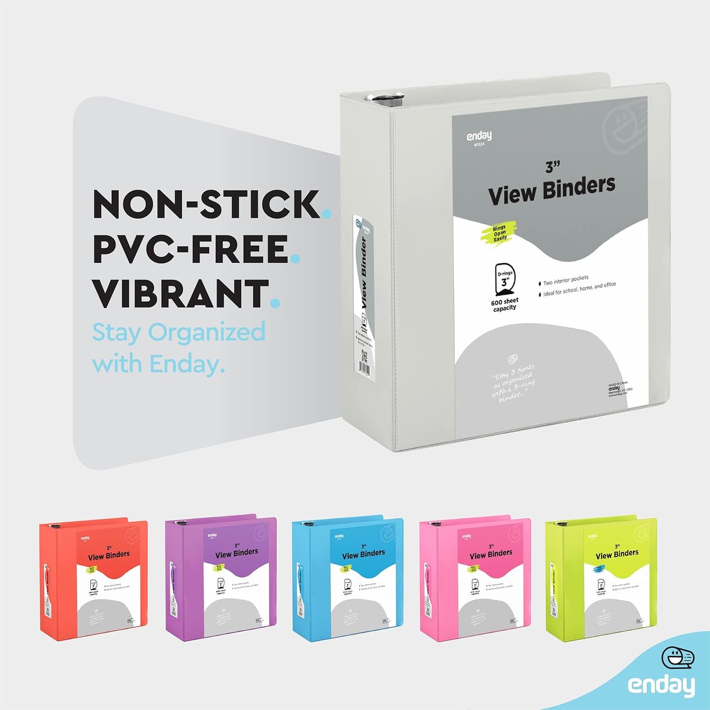 3 Slant D-Ring Binder 3 Inch Grey, 3 in Clear View Cover with 2 Inside Pockets Binder, Heavy Duty Colored School Supplies Binders,Also Available in Green, Red, Purple, Blue, Pink (12 PC) – by Enday
