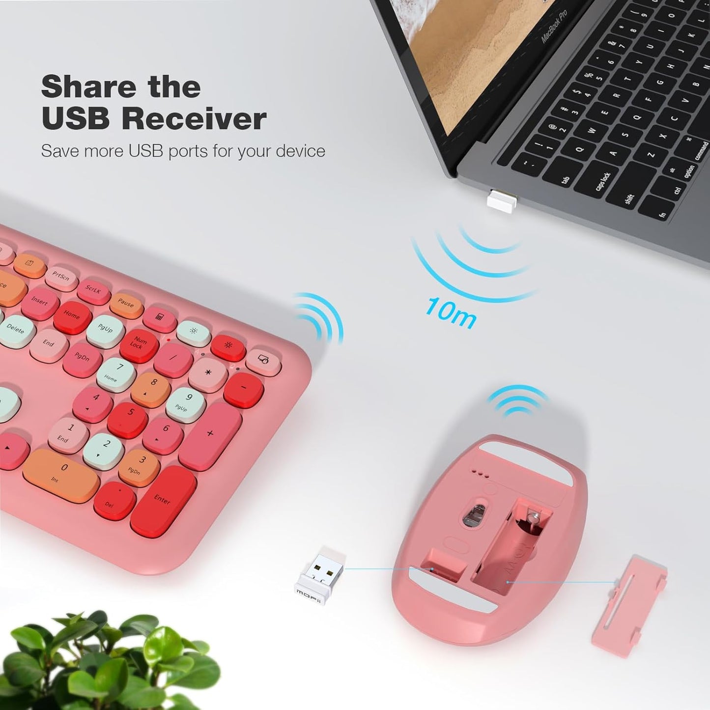 MOFII Wireless Keyboard and Mouse Combo, Colorful Full Size Keyboard with Number Pad, Silent Cute Wireless Mouse, 2.4GHz Dropout-Free Connection, for PC Laptop Computer (Pink Color)
