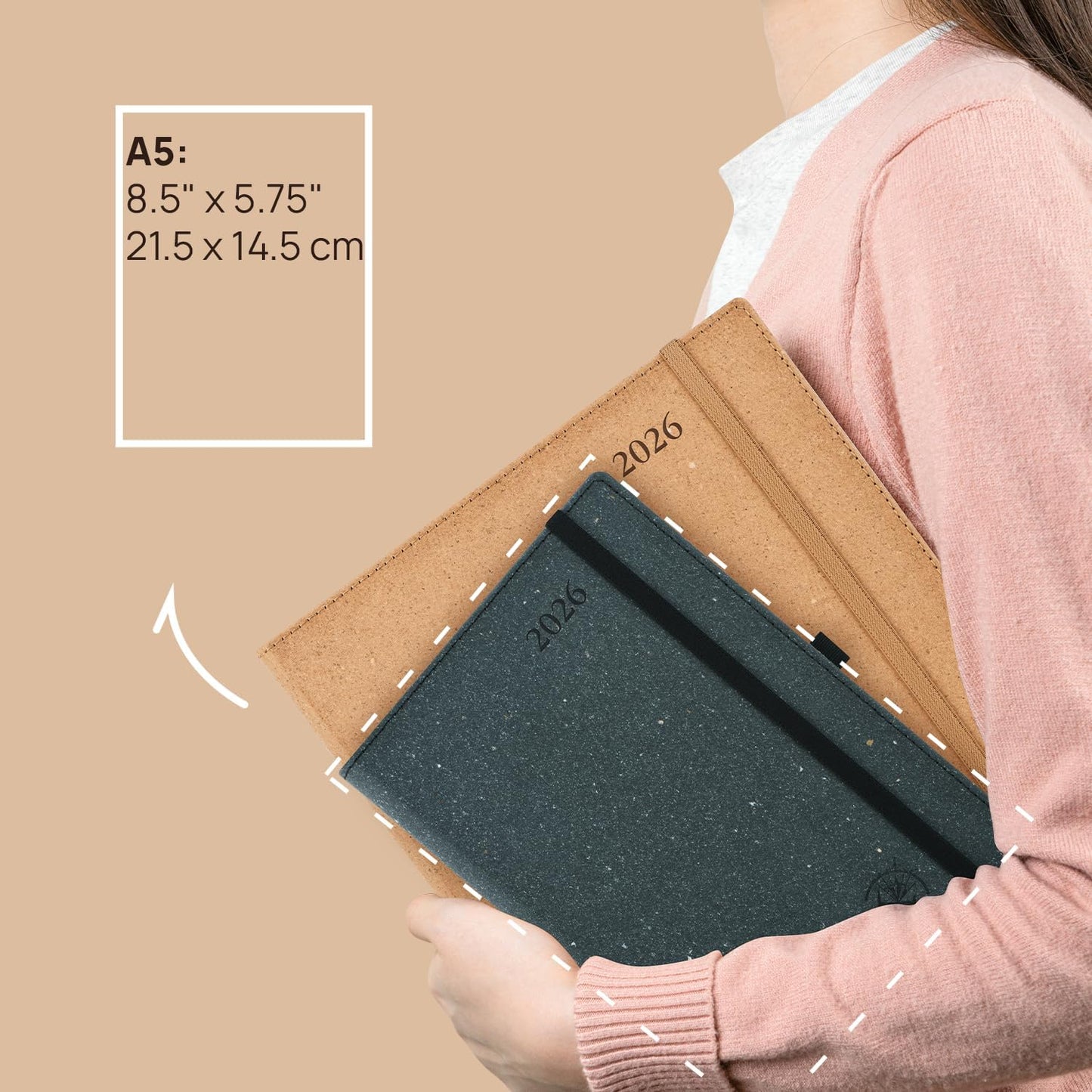 POPRUN 2026 Recycled Daily Planner 12 Months (A5 Medium Size 5.75'' x 8.6'') - One Page Per Day Calendar Hourly Appointment Book with Italian Regenrated Leather, Monthly Tabs, Pocket - Black Grey