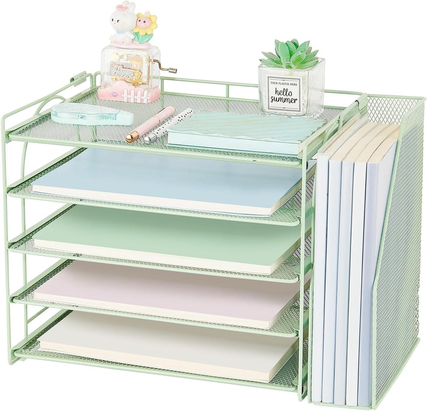 AUPSEN Green Desk Accessories Organizer,5-Tier Letter Tray Paper Organizer with Adjustable File Holder, Desktop Office Desk Accessories for Office Supplies