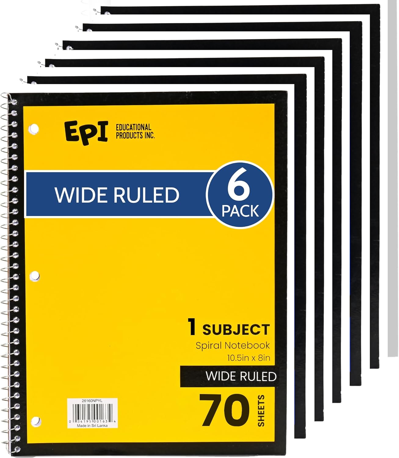 EPI Spiral Notebook | Wide - 70 Sheets, Durable Spiral Binding | 10.5 x 8 in | Classroom Supplies | School, Office, Note Taking, Journaling - 6 Pack