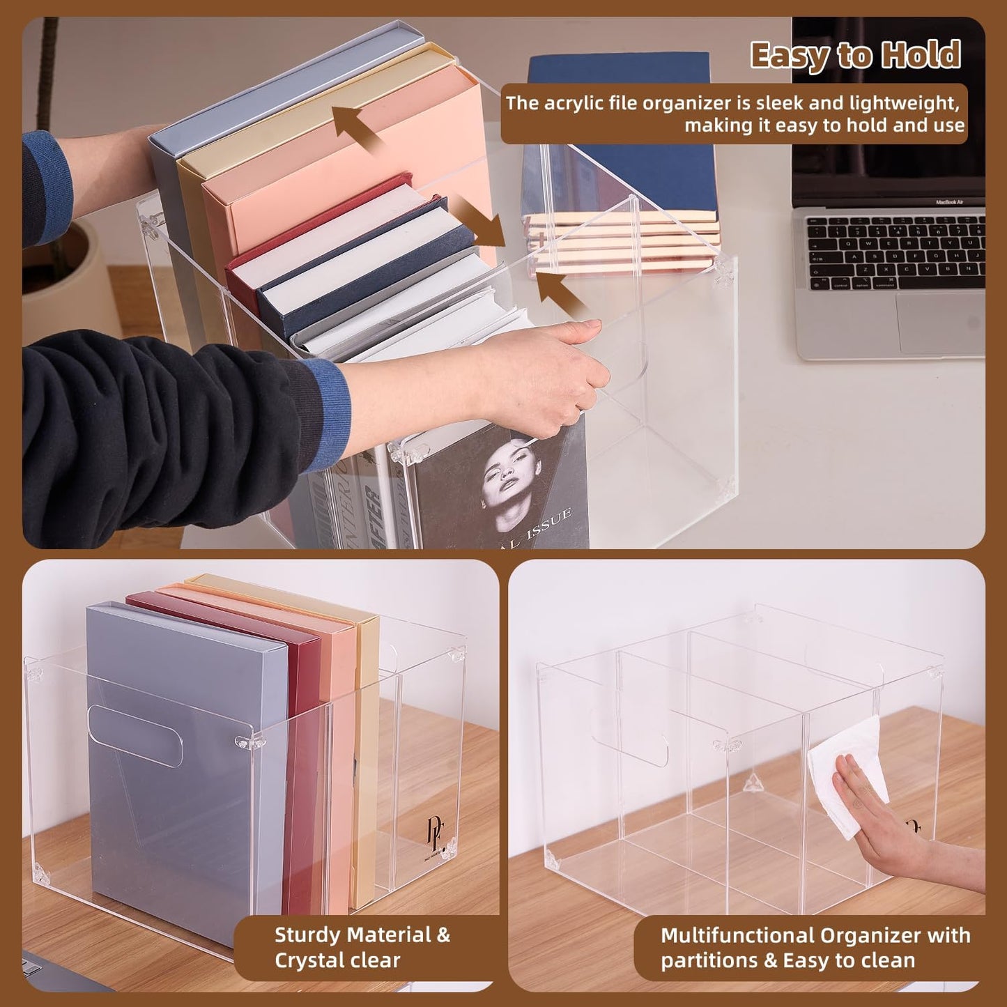 DF 3-Section Acrylic File Organizer with Handles – Clear File box for Documents, Books & Office Supplies – Desktop Hanging File Organizer - Compact and Durable Design for Home or Office Use