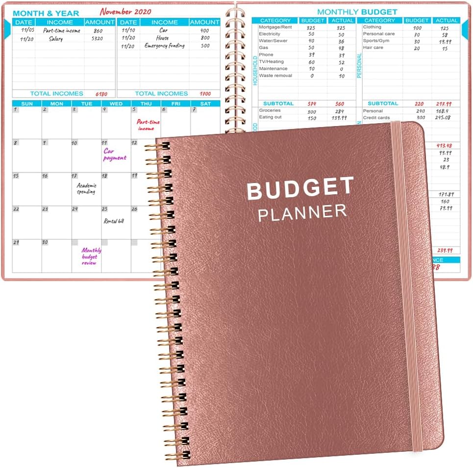 Budget Planner & Monthly Bill Organizer With Pockets. Expense Tracker Notebook, Budgeting Journal and Financial Planner Budget Book to Control Your Money. Large Size (8" x 9.5"), PU Leather, Rose