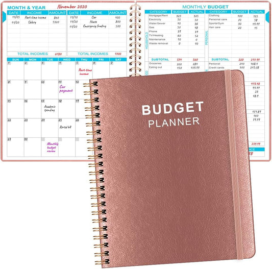 Budget Planner & Monthly Bill Organizer With Pockets. Expense Tracker Notebook, Budgeting Journal and Financial Planner Budget Book to Control Your Money. Large Size (8" x 9.5"), PU Leather, Rose