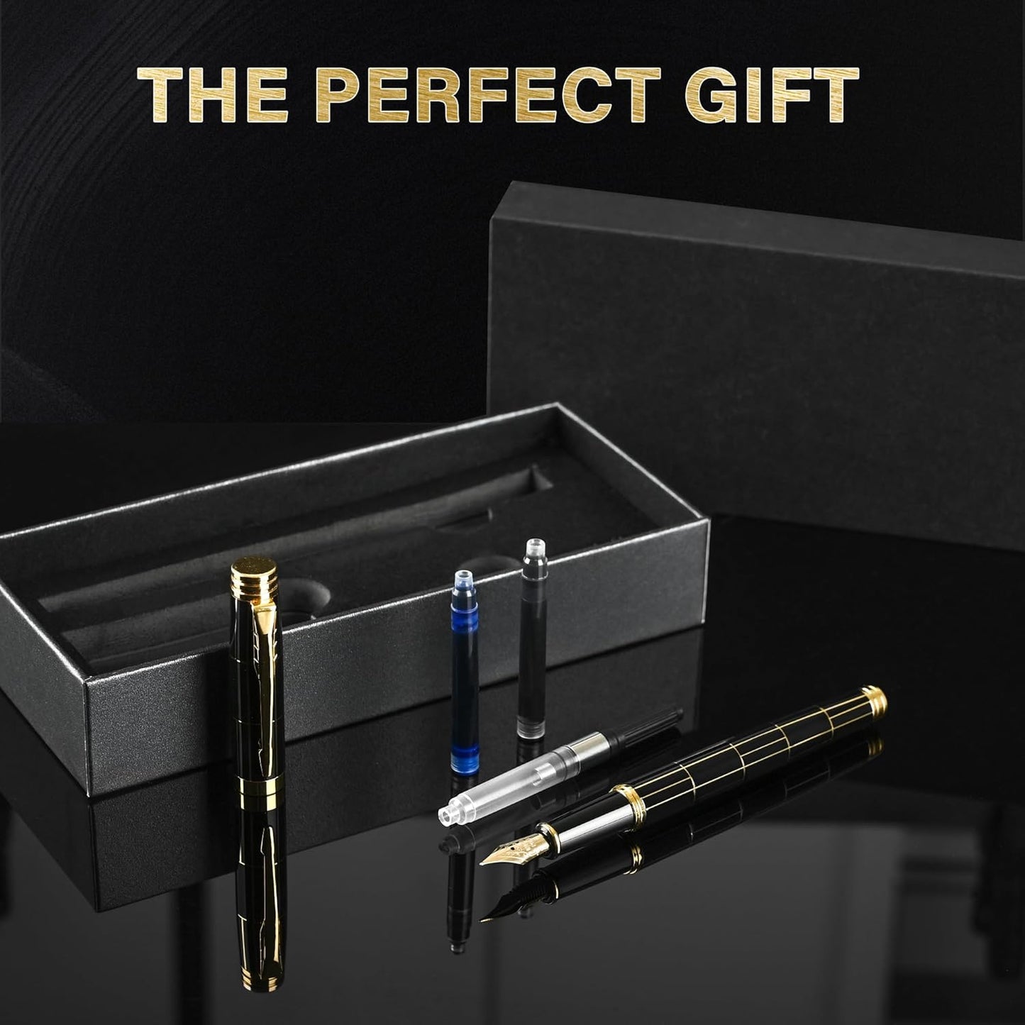 Fountain Pen Set, Medium Nib 0.5mm, Includes 10 Ink Cartridges & 2 Ink Refill Converters, Gift Case for Men & Women,Calligraphy Pen,Perfect Weight, Black.