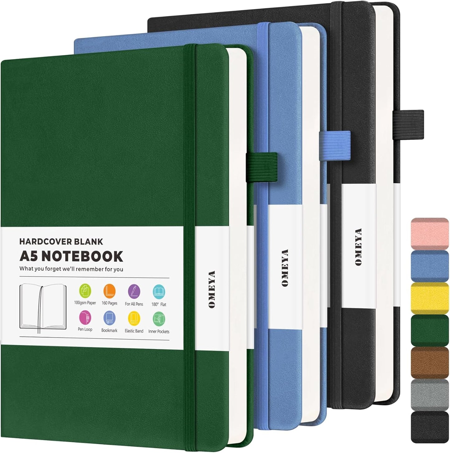 Blank Journal Notebook, 3 Pack A5 Sketch Book, Hardcvoer Sketchbook for Drawing with 100GSM Thick Paper, Leather Journal for Writing, Unlined Journal for Women, Men, School, 160 Pages, 5.7" x 8.4"