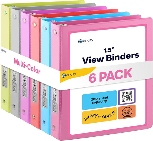 3 Ring Binder, 1.5 Inch Clear View Cover with 2 Inside Pockets Binder, Colored School Supplies 1 ½ Inch Round Ring Binders, in Pink, Red, Blue, Purple, Green, and Grey, Multicolor (6 PC) – by Enday