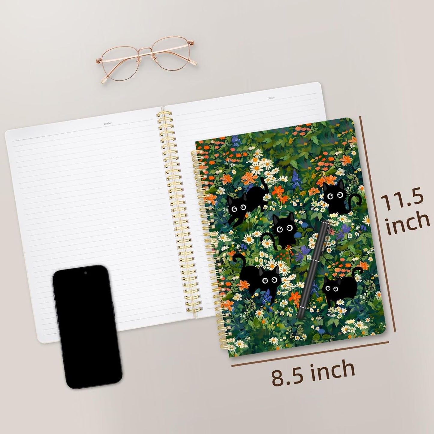 Cute Spiral Notebook journal A4 Aesthetic Pretty Design for Women Girls Kawaii with Pocket, 8.5 x 11 inch, Lined, Cat Garden