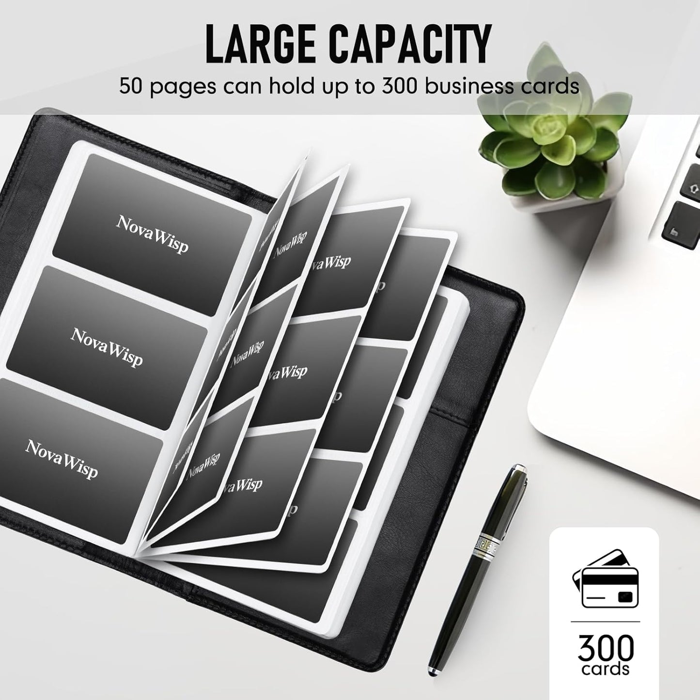 300 Business Cards Holder, 50 Pages Gift Cards Holder, Professional PU Leather Credit Cards Organizer Wallet, Portable Name Card Book Binder Folder, Men Women & Office Supplies, Black