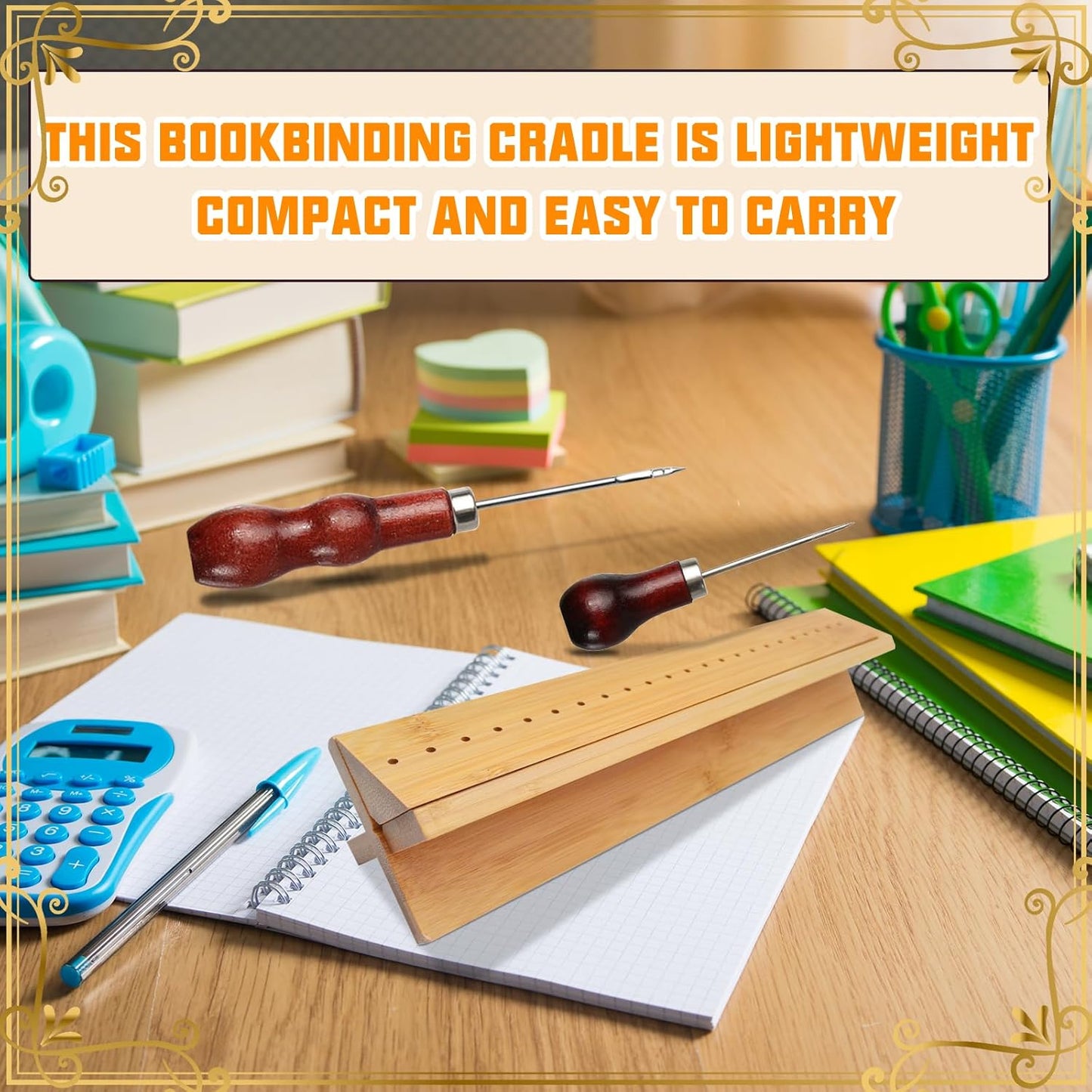 Bamboo Book Binding Cradle with 2 Awls Wood Bookbinding Punching Cradle with Piercing Guide Portable Book Binding Tools Book Binding Kits Bookbinding Supplies for Book DIY Crafts