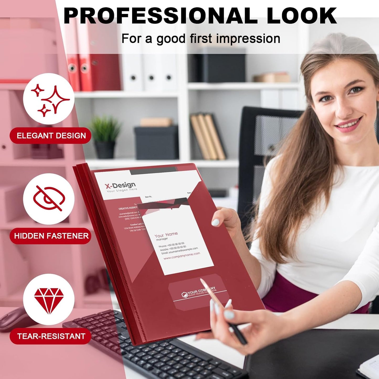 Teling 48 Pack Clear Front Report Covers with 3 Prongs Fasteners, 11.42 x 9.45 Inch Plastic Presentation Folders Bulk, 90 Sheet Capacity, Book File Covers for Office School Business, Red