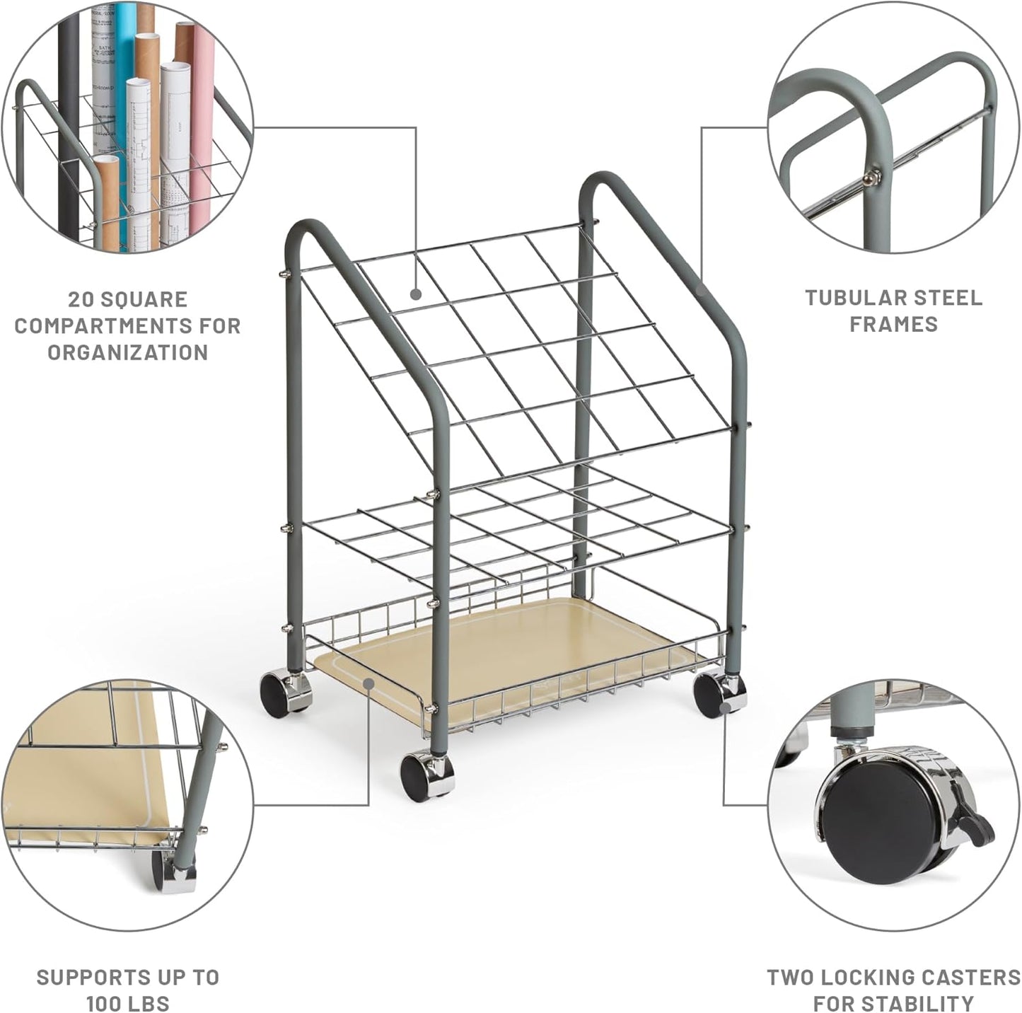 Safco Tubular Steel Wire Roll File Cart, Document and Blueprint Holder, 20 Compartment, Rolling Organizer Cart for Architectural Drawings, Construction Plans and Map Storage