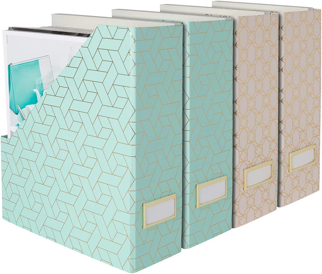 BLU MONACO Set of 4 Foldable Cute Magazine File Holders with Gold Label Holders – 2 Pink & 2 Aqua with Fun Gold Geometric Patterns – Stylish & Durable Magazine Storage for Home & Office