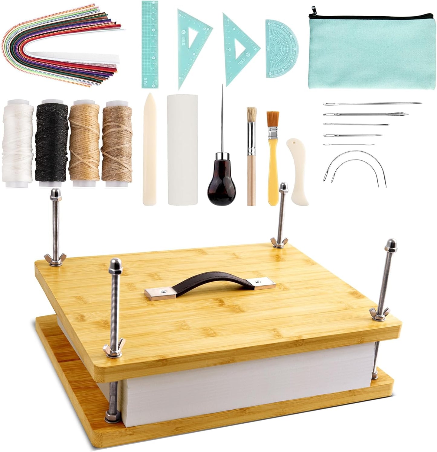 HAOPENGYOU 14.7"x11.4" Large Bamboo Book Press & Bookbinding Kit with Bone Folder, Awl, Needles - Complete DIY Book Repair Craft Set
