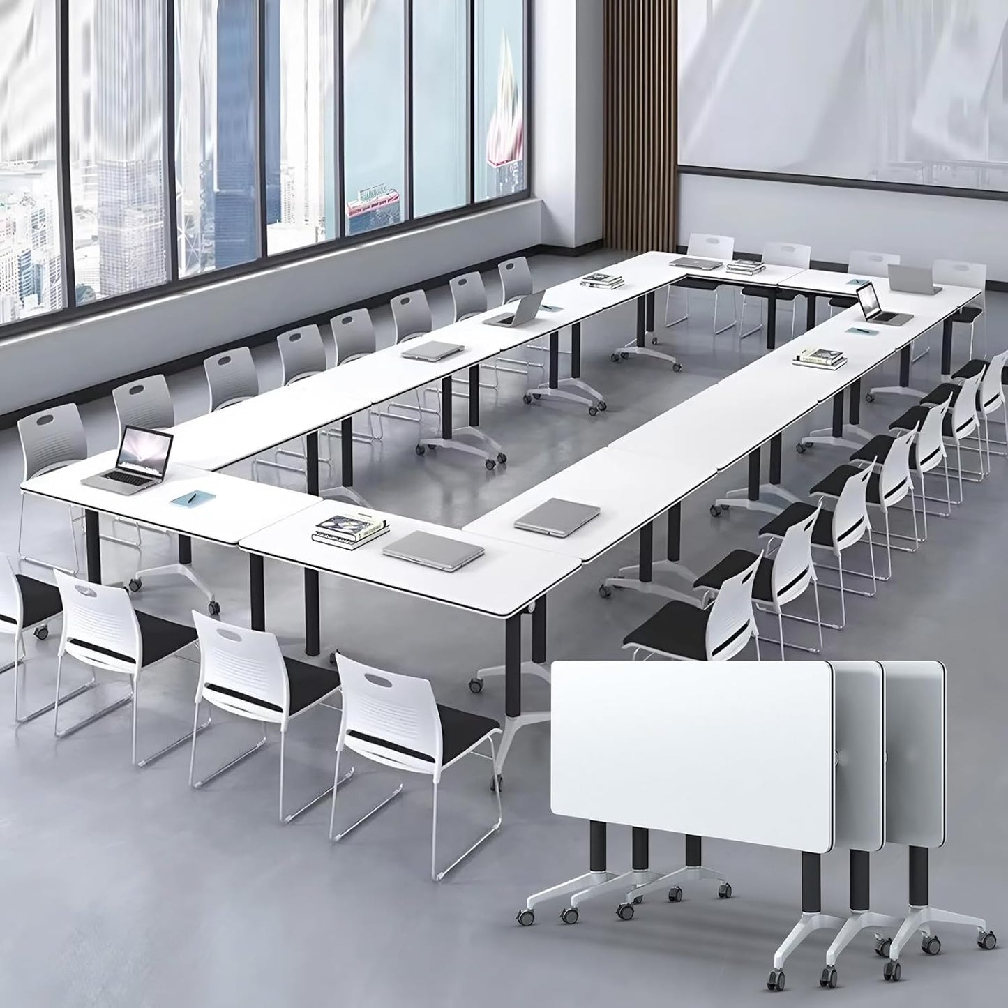 Conference Room Table with Flip-Top Design for Dynamic Meetings, Business Table Computer Desk with Heavy-Duty Frame,Foldable Seminar Meeting Tables for Home Office (4, E, 55.1IN)