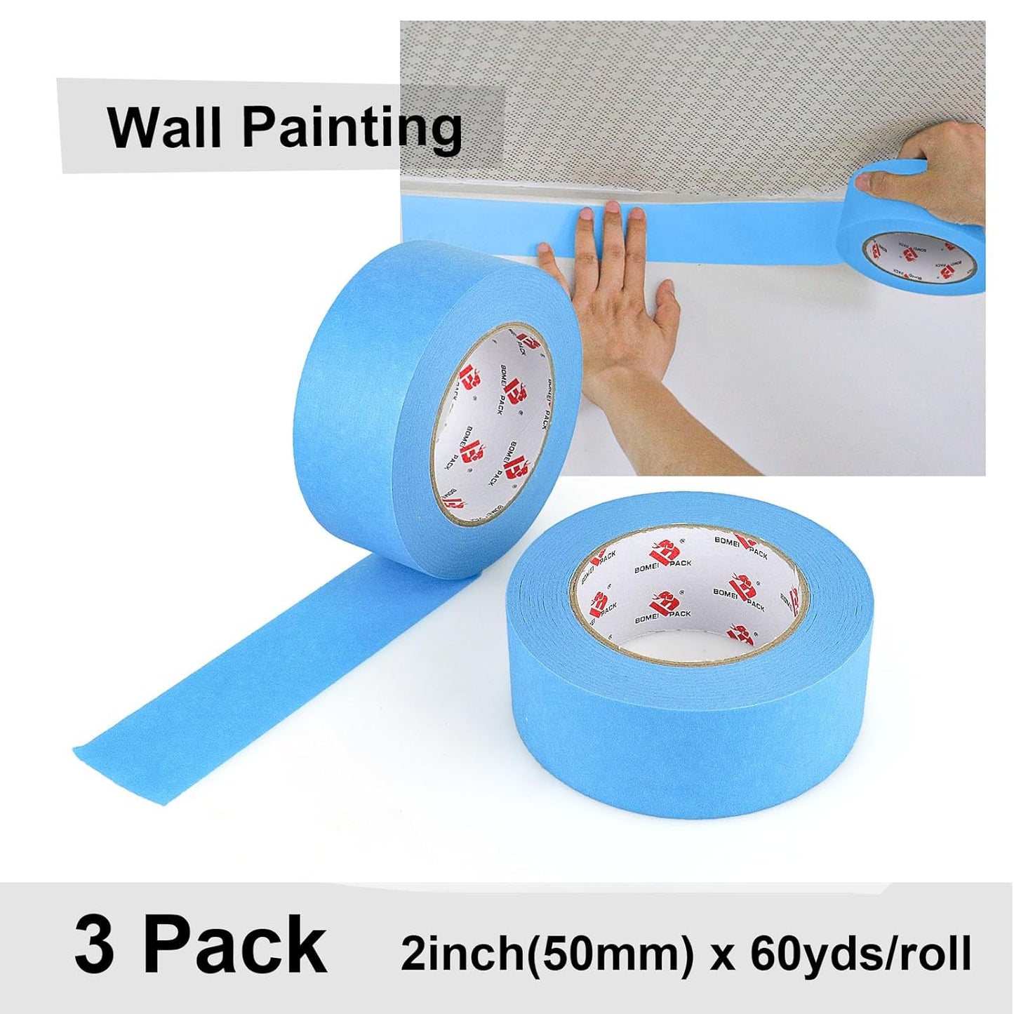 BOMEI PACK Blue Painters Tape 2 Inch Bulk, Blue Masking Tape 3 Rolls x 2 inch x 60 Yards (180 Total Yards) Residue-Free Painting Tape for Labeling, DIY Crafting, Decoration and School Projects