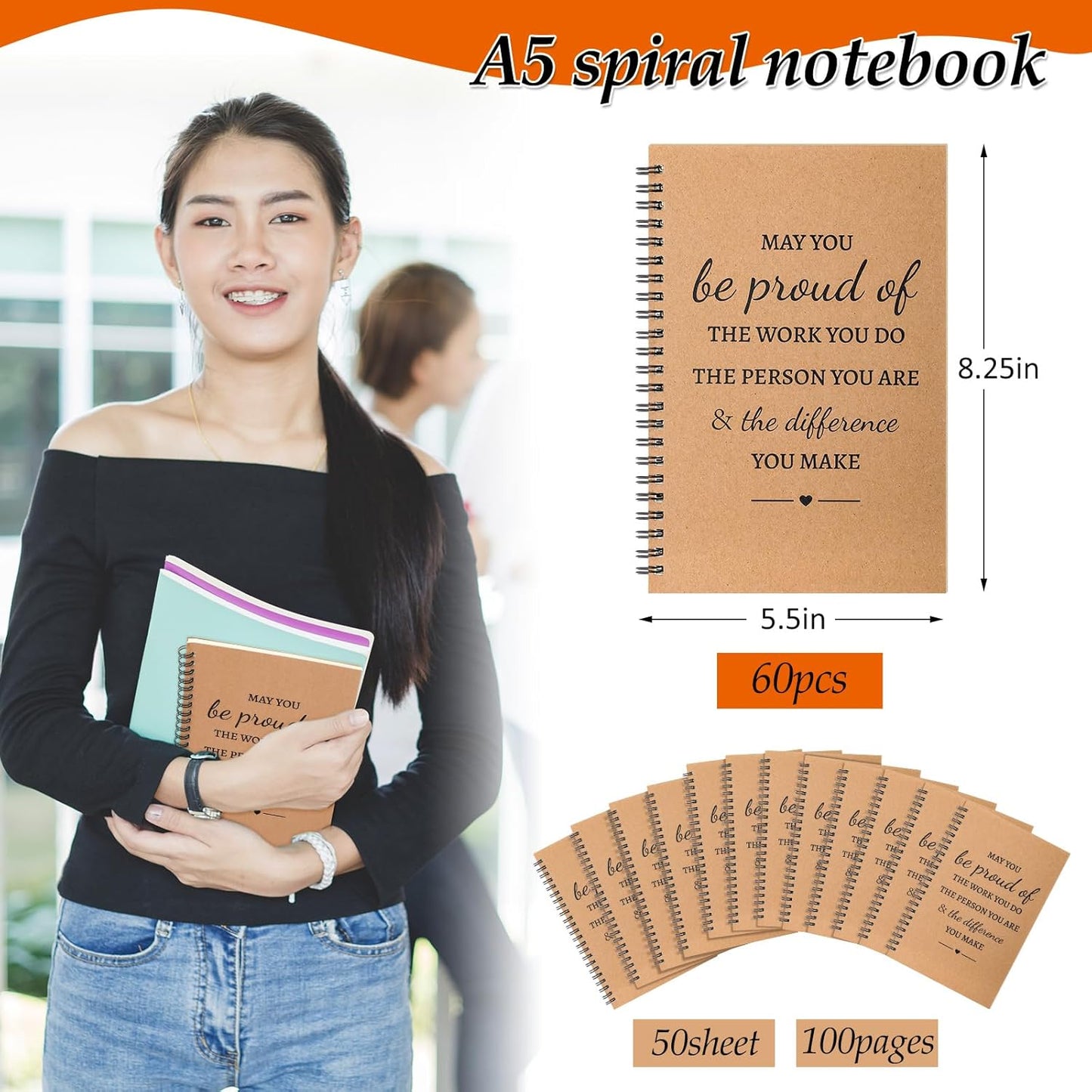 Colarr 60 Pcs A5 Inspirational Spiral Notebook Bulk Appreciation Gift 6x8 Inch Motivational Notepad 100 Page/50sheet Lined College Ruled Journal for Employee Coworker Teacher Nurse (Brown)