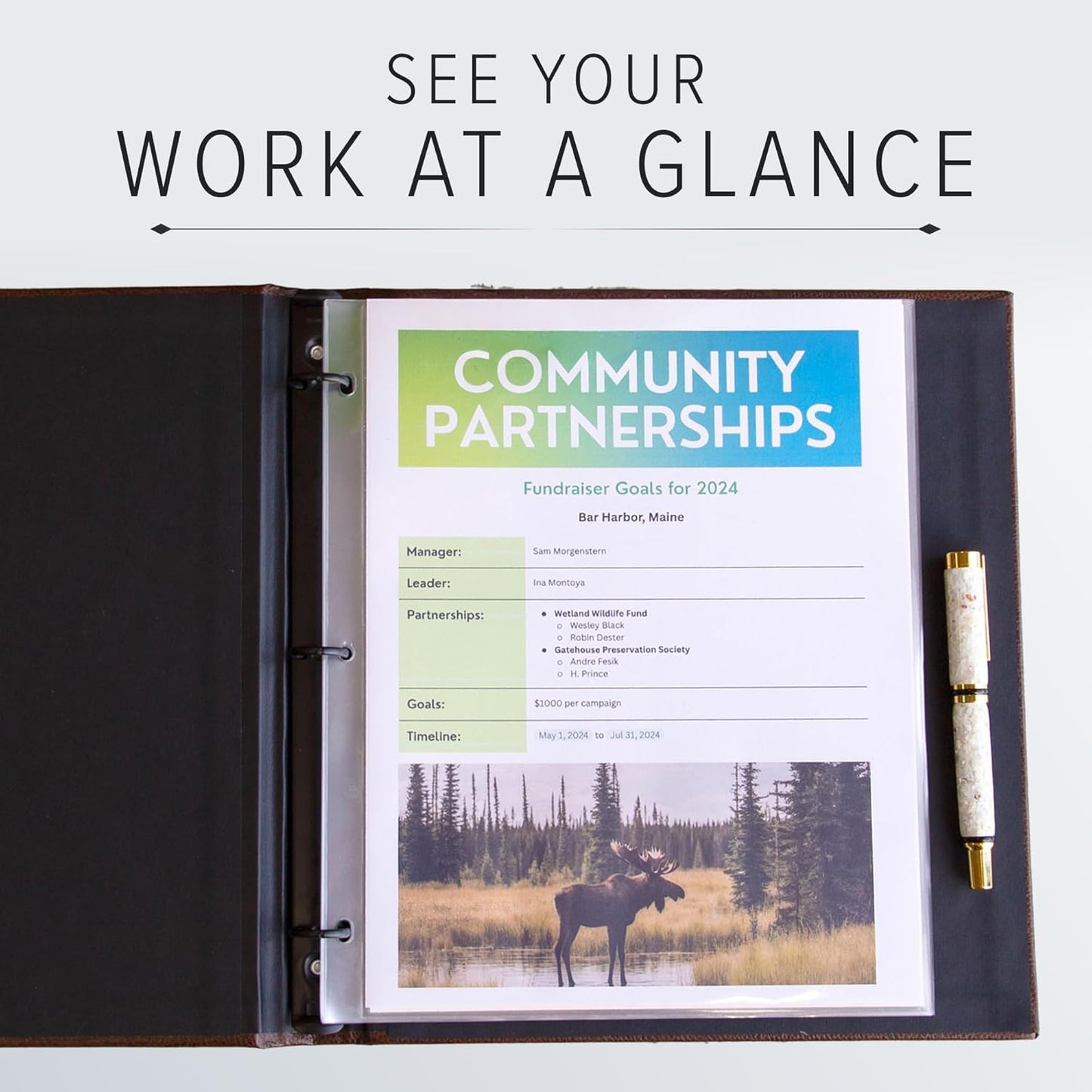 Gallery Leather 3 Ring Binder with Plastic Sleeves, Includes 10 Sheets, Sheet Size: 8.5" x 11" - Presentation Binder Rings with Window and Hubbed Spine, Thick: 1.25" Belfast Black