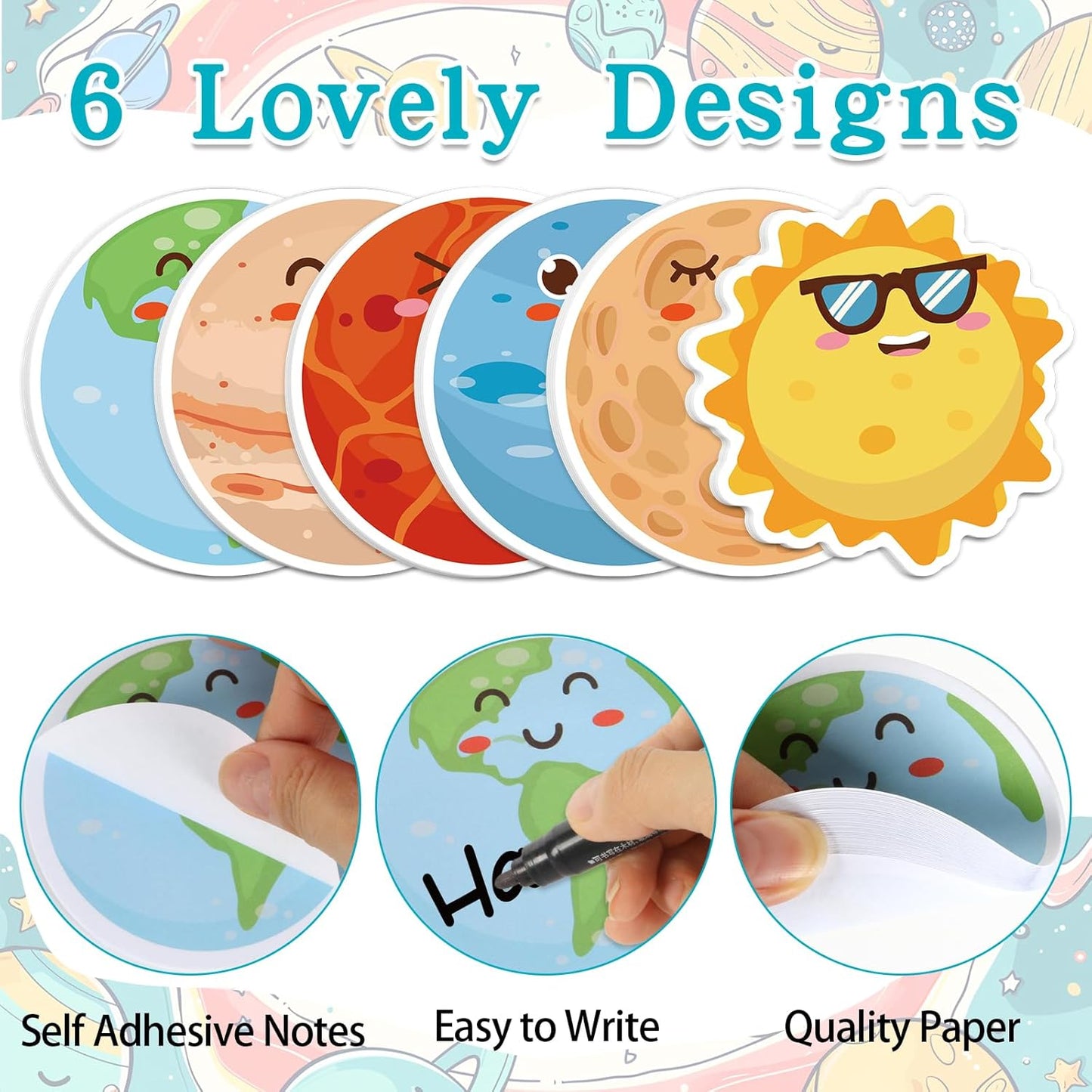 600Pcs Outer Space Sticky Notes, Cute Outer Space Memo Pads Solar System Planet Shaped Self Sticky Notepads for Teachers Office Classroom School Supplies Birthday Party Favors