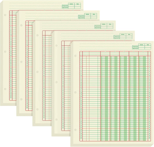 Fulmoon 5 Pack 250 Sheets Ledger Paper Accounting Columnar Pads 3 Hole Analysis Accounting Ledger Book for Business, 50 Sheets/Pack, Single Page Format, Green(8.5 x 11 Inch,5 Columnar)