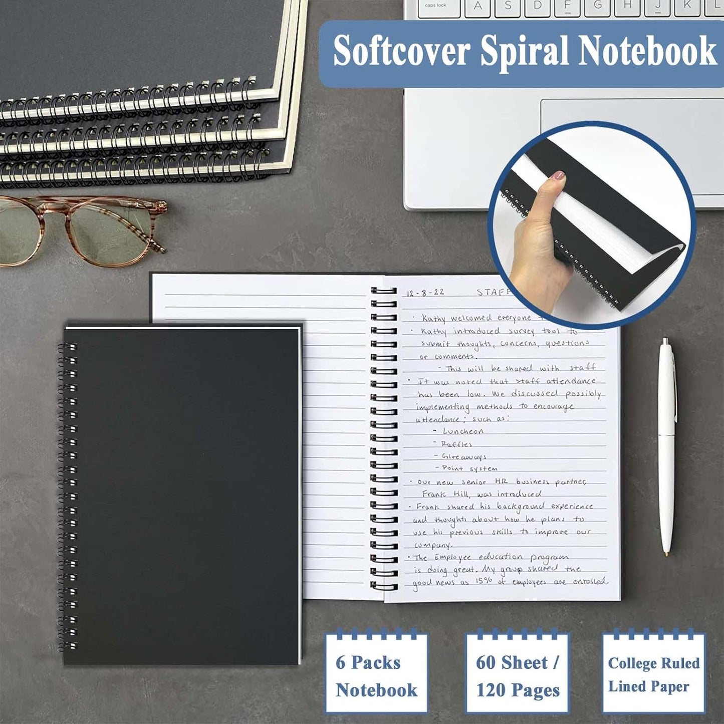 GINMLYDA Black Small Spiral Notebook 6Pack, 120 Lined Pages 8.25x5.50 Inches Spiral Journal Kraft Cover Notebooks & Writing Pads for School Home Office Aesthetic Sketch Drawing Note