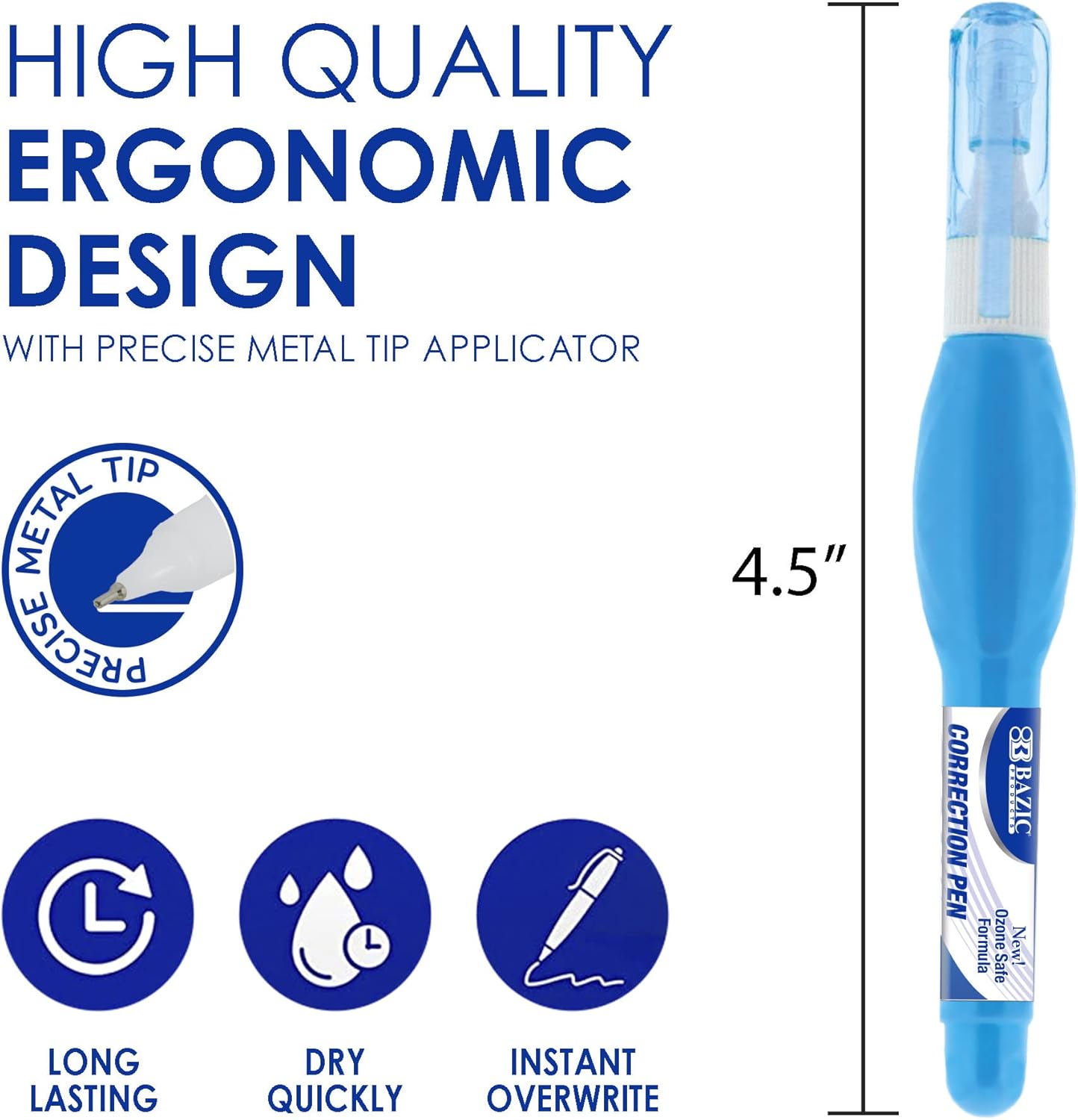 BAZIC Correction Pen (0.1 oz / 3 ml), Precise Metal Tip Applicator, Fine Point Corrections Fluid, Squeeze White Out Wipe Out Liquid (3/Pack), 2-Packs