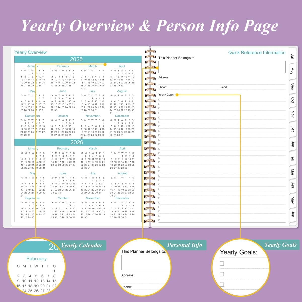 2025-2026 Monthly Planner - 18 Monthly Calendar, July 2025 - December 2026, Two Pages Per Month, 9" x11" Planner with Tabs, Inner Pocket, Purple