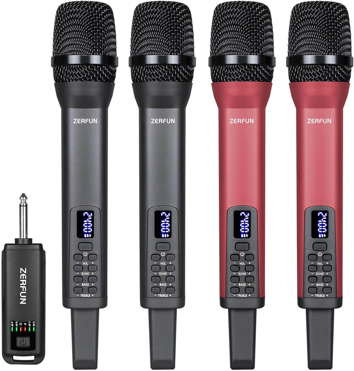 4 Rechargeable Wireless Microphones, Pro Handheld Cordless Mics System with Echo Treble BASS VOL Control for Karaoke Singing Church Party, 1/4'' Output, Grey&Red
