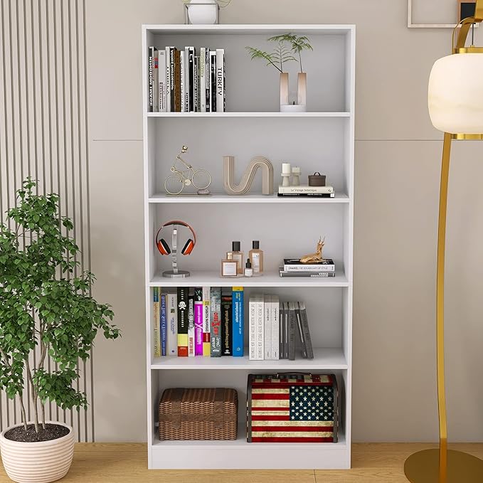 Bookshelves and Bookcases Floor Standing Tall Bookcase 5 Tier Display Storage Shelves Tall Bookcase Home Decor Furniture for Home Office(White 11.8" D x 31.5" W x 67.9" H)