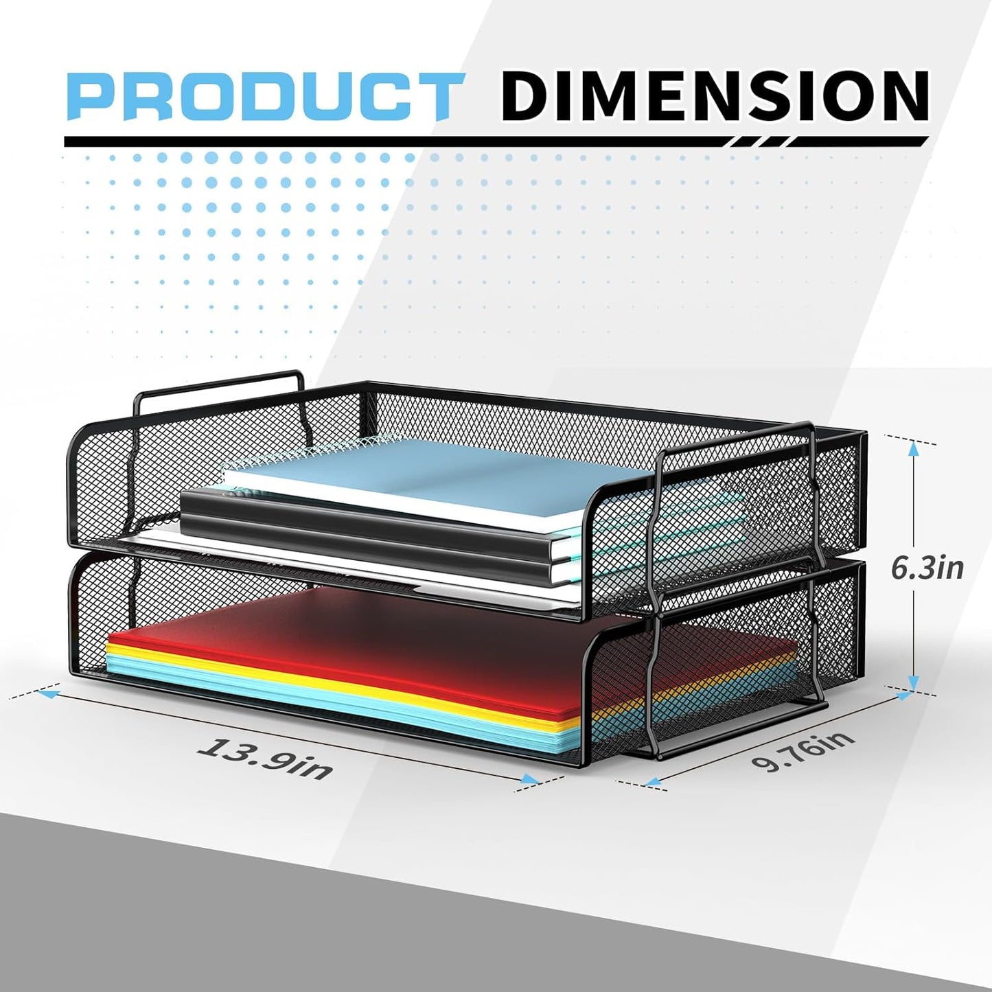 2 Tier Stackable Letter Tray, Metal Mesh File Storage Desktop Organizer for Home Office, Black