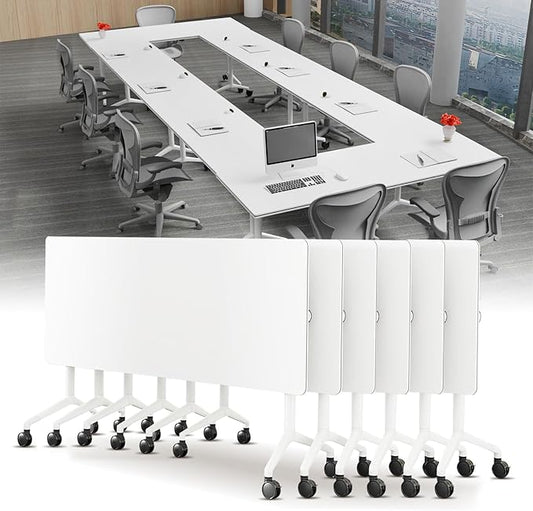 Conference Table, Folding Conference Desk Modern White, Seminar Table with Wheels, 2-10 People for Office, Meeting Break Room (6, 1915, 55IN)