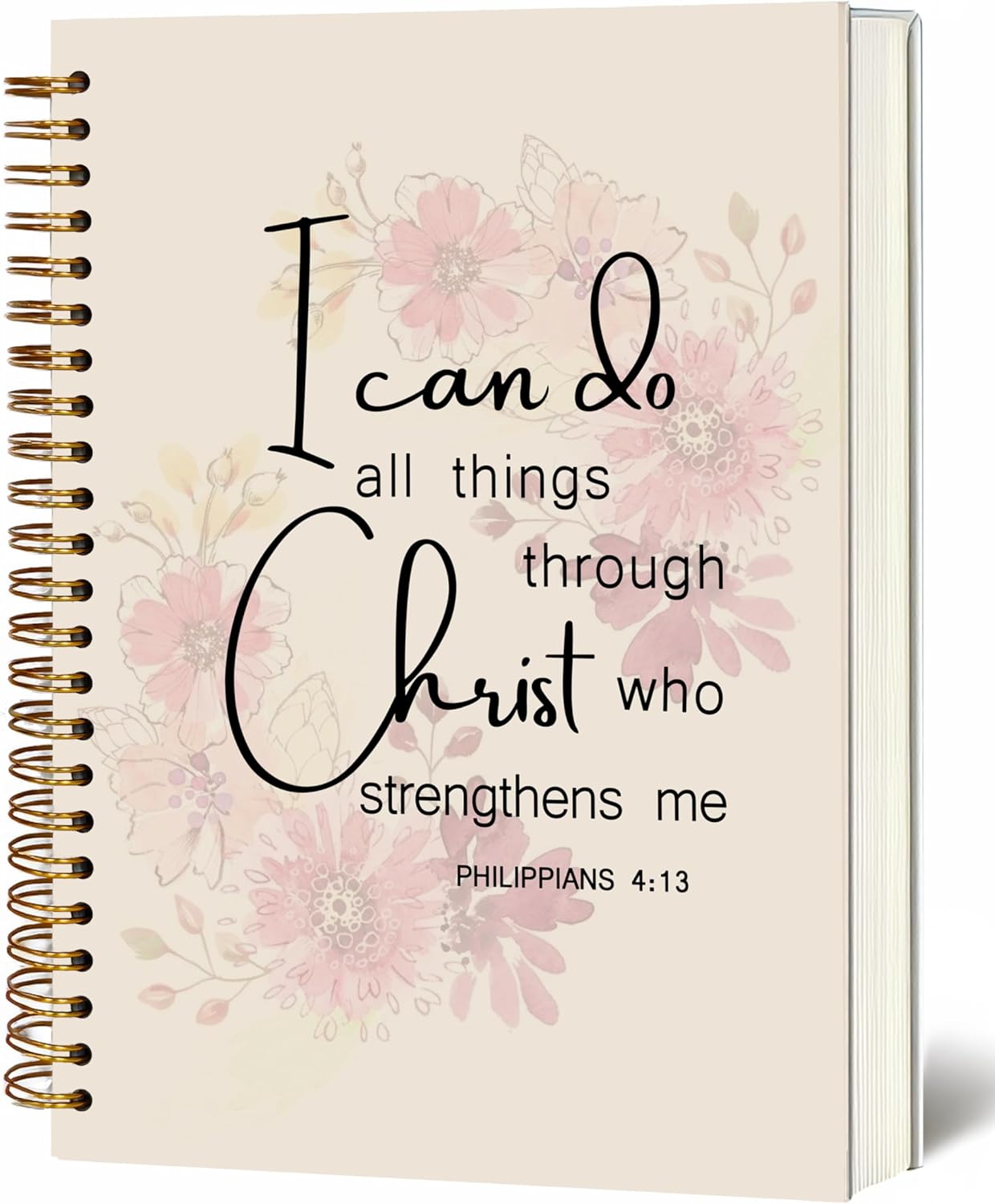 Bible Notebook, A5 Spiral Christian Journal with Pink Floral Notebook, Bible Verse-I Can Do All Things Through Christ Who Strengthens Me, Inspirational Notebooks for Women, Gift for Birthday Christmas