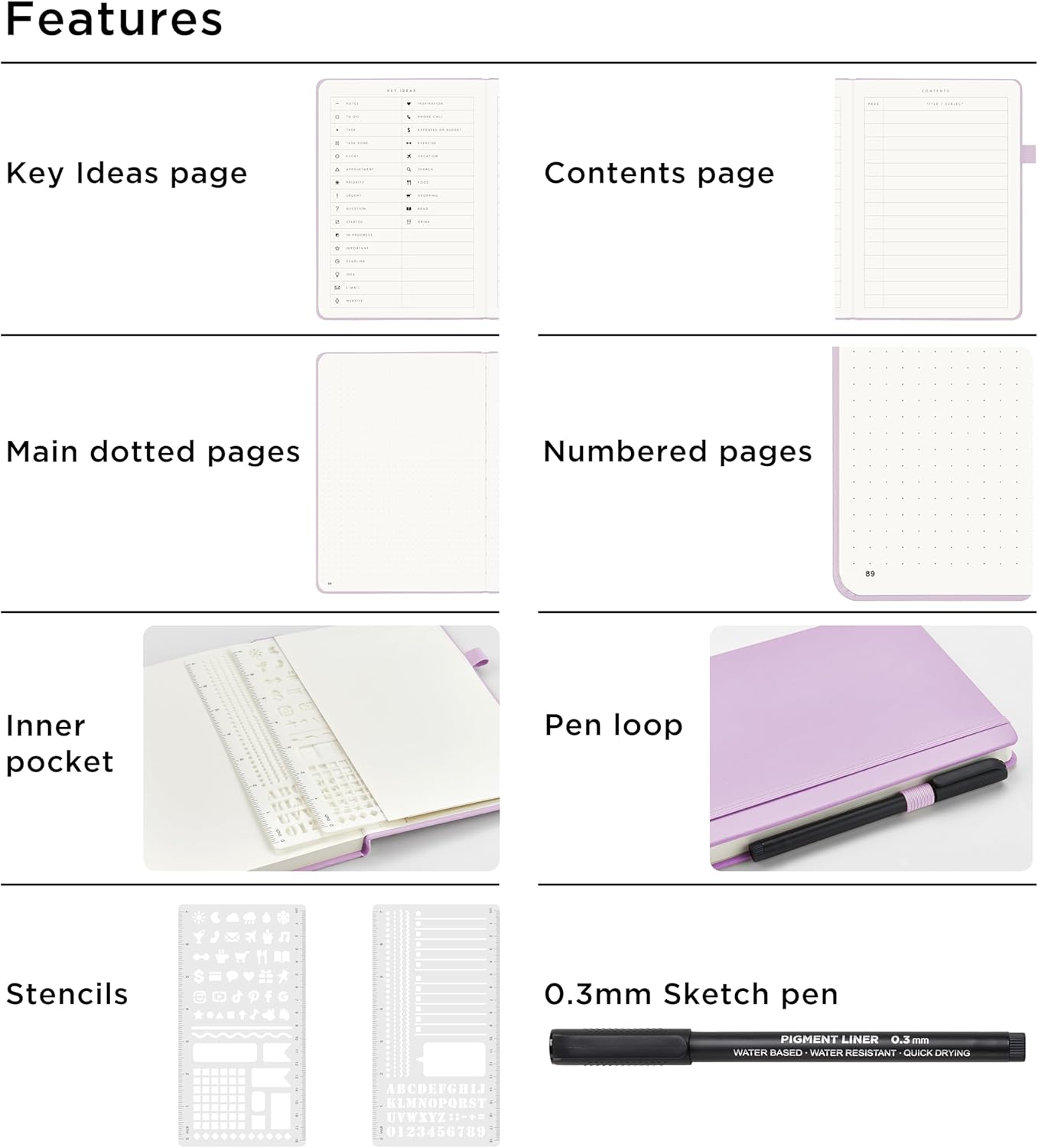 &And Per Se Bullet Dotted Journal Notebook, A5 Leather Hardcover, 176 Numbered Pages 100GSM Thick Dotted Paper, 2 Sheets of Stencils Included - 5.7'' x 8'' (Lavender)