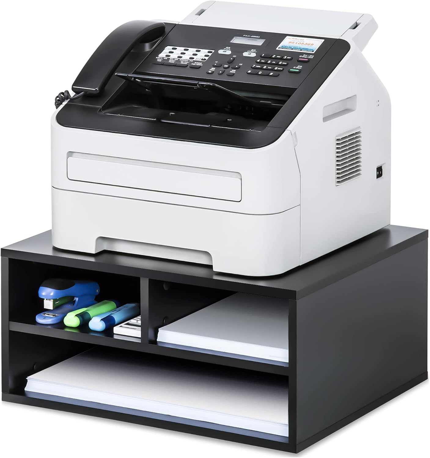FITUEYES Large Printer Stands with 3 Storage Compartments, Desktop Paper Organizer Shelf for Home Office, 2-Tier Printer Riser, Black, 18.9" L x 15.7" W x 8.7" H