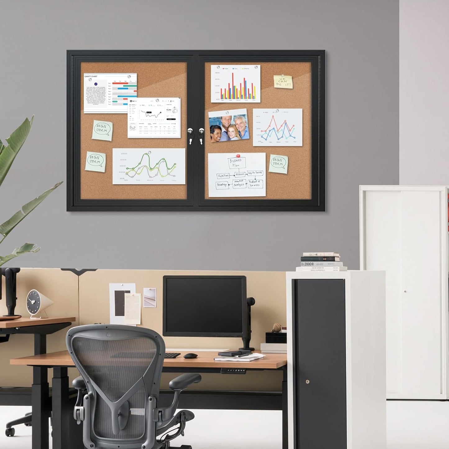 48"x30" Enclosed Bulletin Board, Outdoor Lockable Weather-Resistant Aluminum Cork Noticeboard for School & Office,Black Frame w/Cork