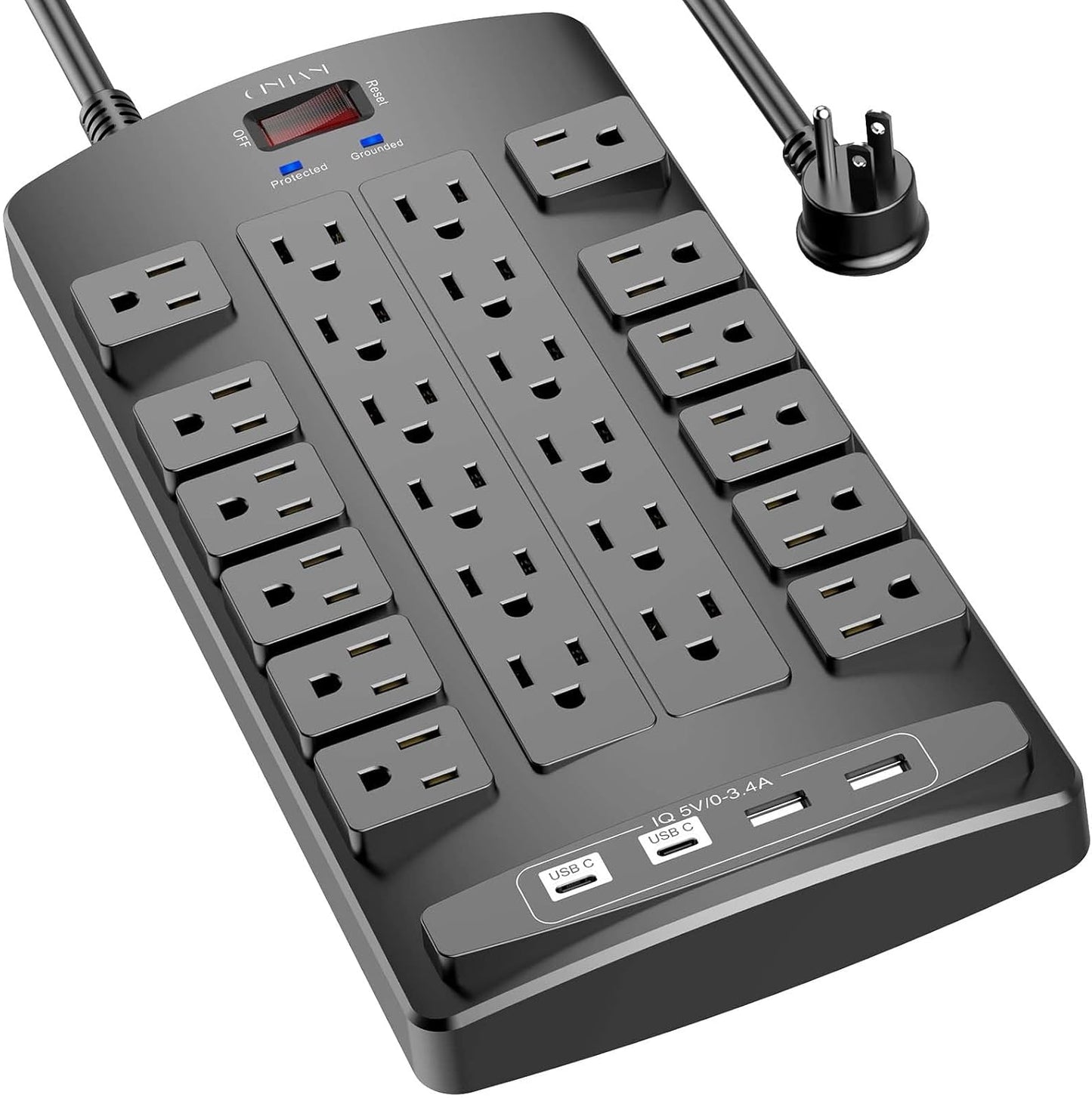QINLIANF Surge Protector Power Strip - 6Ft Flat Plug Heavy Duty Extension Cord with 24 Outlets and 4 USB Ports(2 USB-C Ports), 1875W/15A, 4100J, for Home, Office, Dorm, ETL Listed, Black