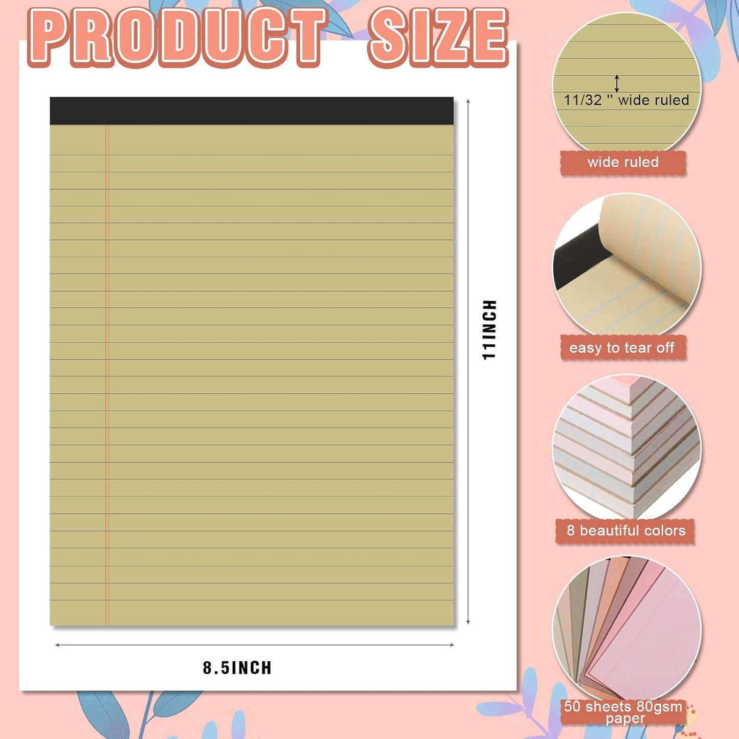 Fuutreo 8 Pcs 8.5'' x 11'' Colored Legal Pad Writing Pads Wide Ruled 50 Sheets Per Notepad Perforated Writing Notepad Office Supplies for School College Office Business (Assorted Colors)