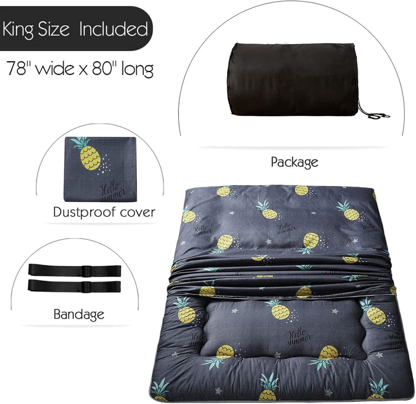 Grey Pineapple Japanese Floor Futon Mattress, Tatami Mat Portable Camping Mattress Kids Sleeping Pad Foldable Roll Up Floor Lounger Couch Bed, King Size