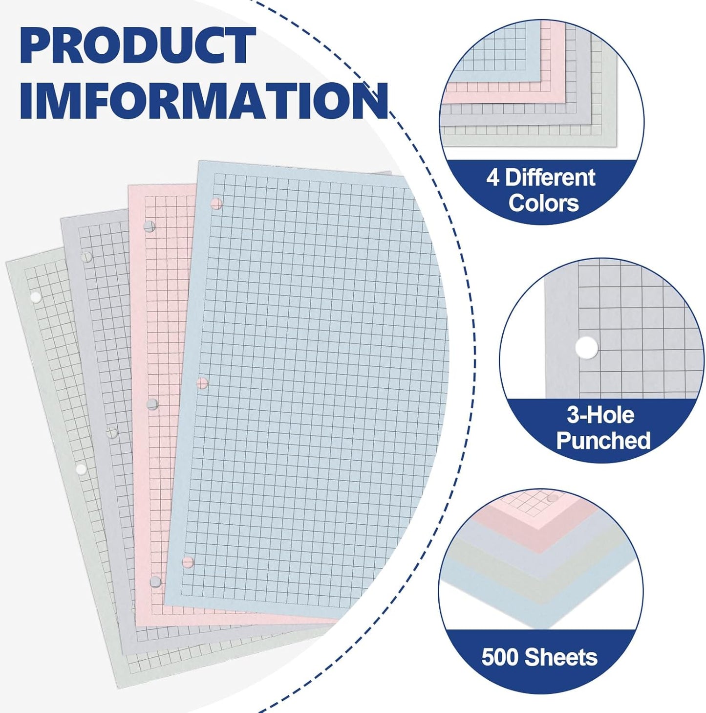 500 Sheets Colored 4 x 4 Graph Loose Leaf Paper Bulk for 3 Ring Binder 8.5×10 Inch Quad Ruled Graph Filler Notebook Grid Paper Refill Quad Ruled Pad for School Office Business Home Library 80gsm