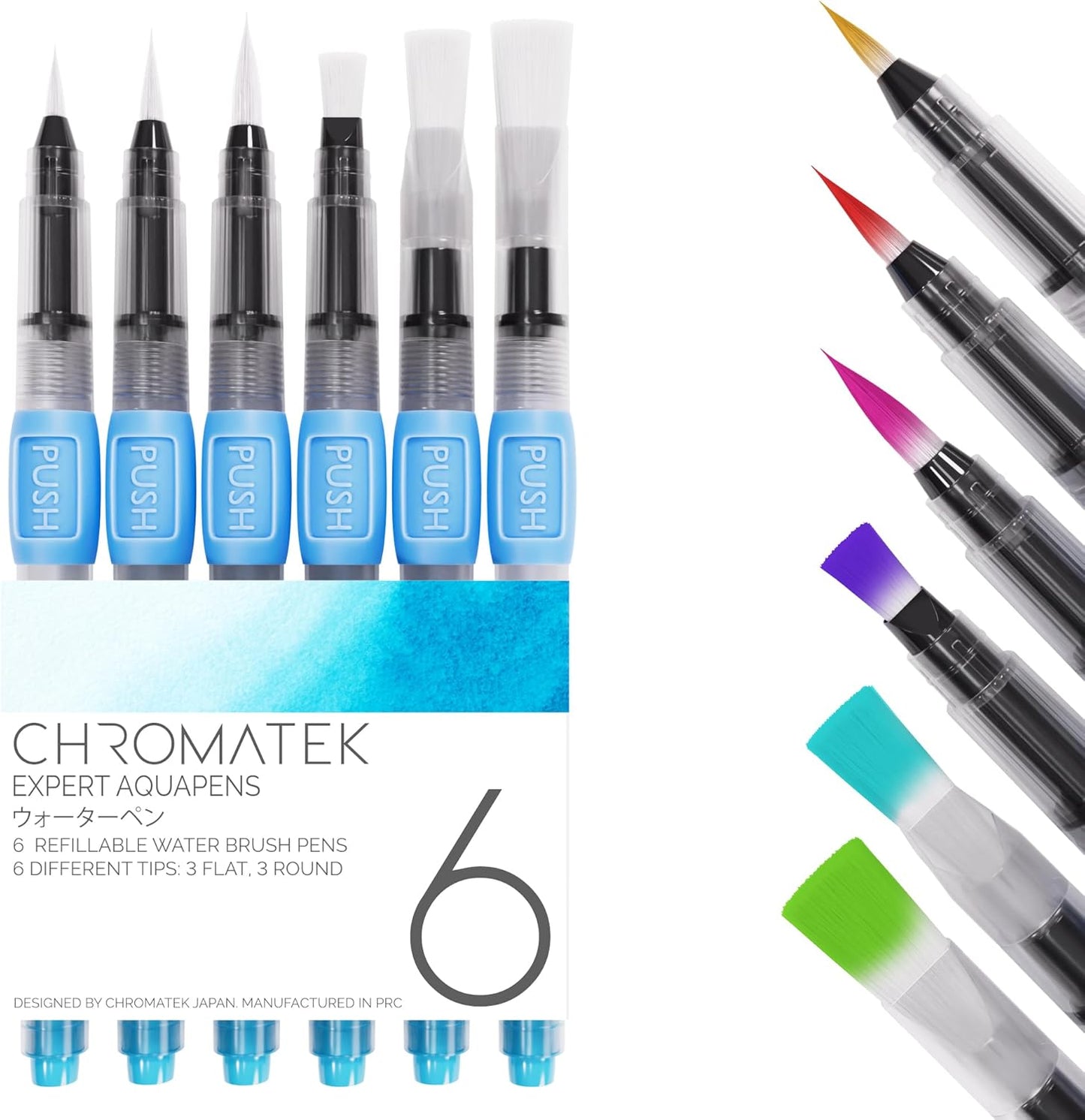 aquapens Water Brush Pens for Painting - 6 Pack - Water Drawing Brush Pens with 6 Different nibs - Portable Watercolor Brush Pens for Artists - Water Brush Pens for Kids and Adults