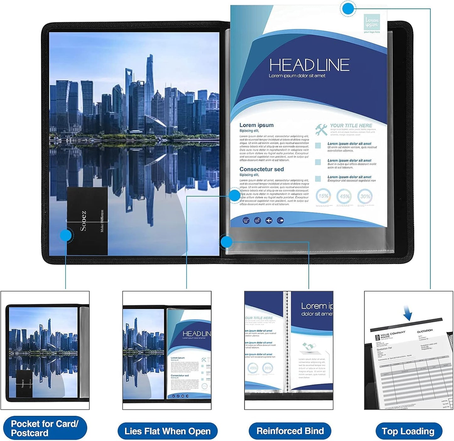 Sooez 30-Pocket Binder with Plastic Sleeves 8.5x11 (Black), Heavy Duty Art Portfolio Folder with Clear Sheet Protectors, Display 60 Pages, Presentation Book for Artwork, Document Organizer Binder