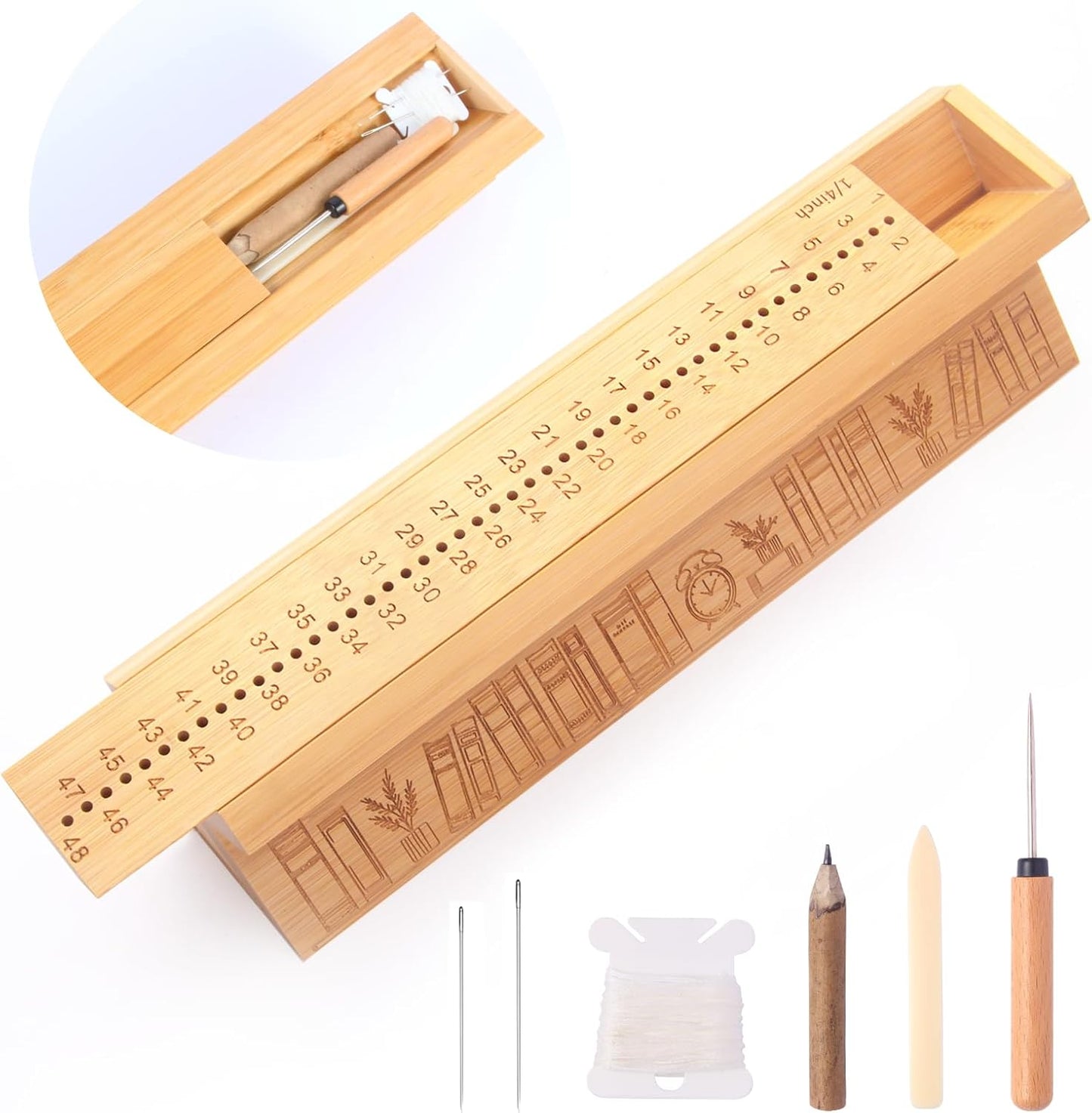 Bamboo Book Binding Kits with an Awl, Book Binding Cradle, Signature Punching Tools with Piercing Guide Book, Book Binding Materials, Bookbinding Supplies for DIY Bookbinding Crafts with Storage