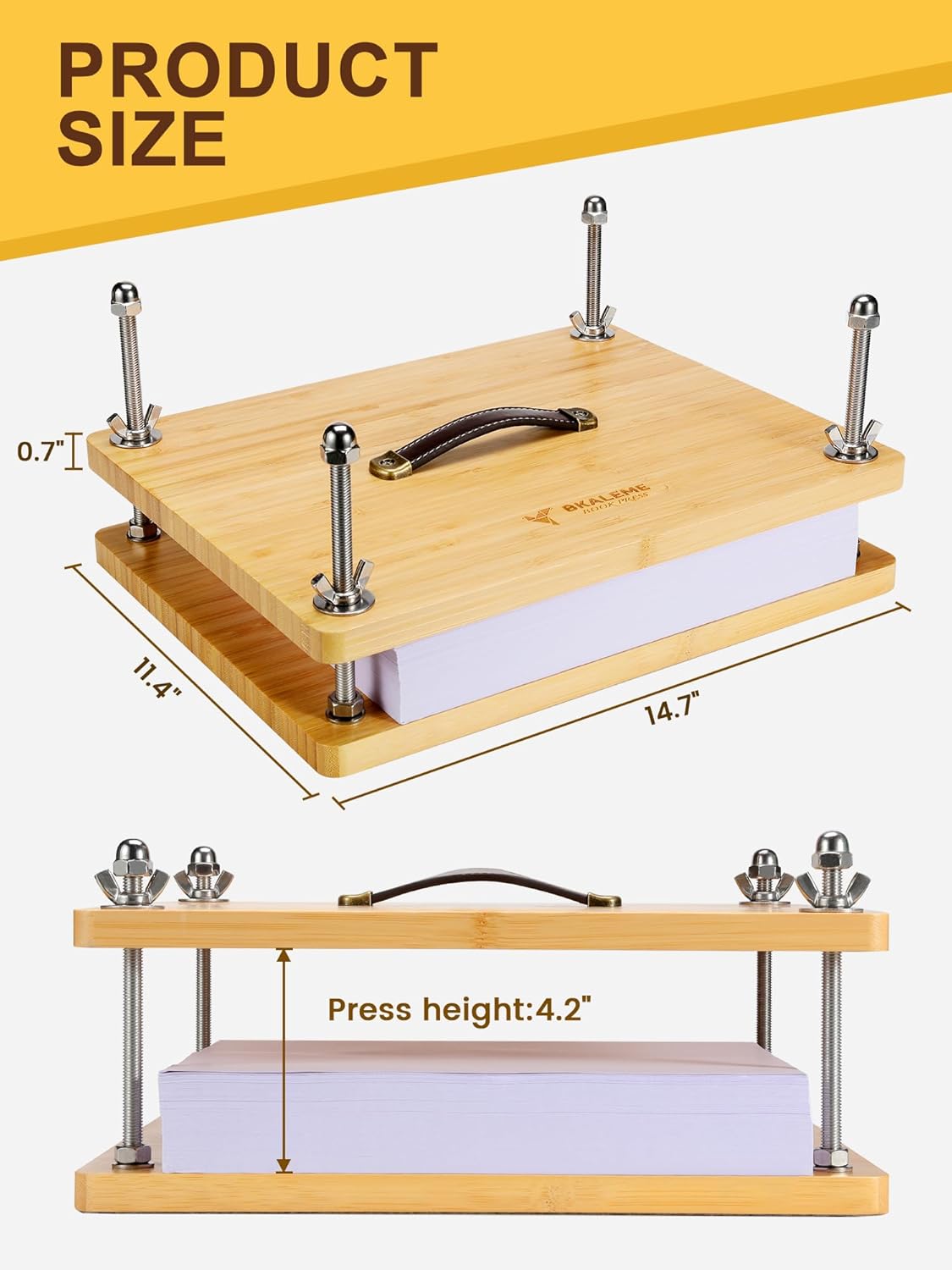 Book Press - 14.7x11.4 Large Size, Sustainable Wood Bookbinding Press, Portable Grip Handle & Anti-Slip Mat, Handmade Book Binding Tools for Craft Enthusiasts