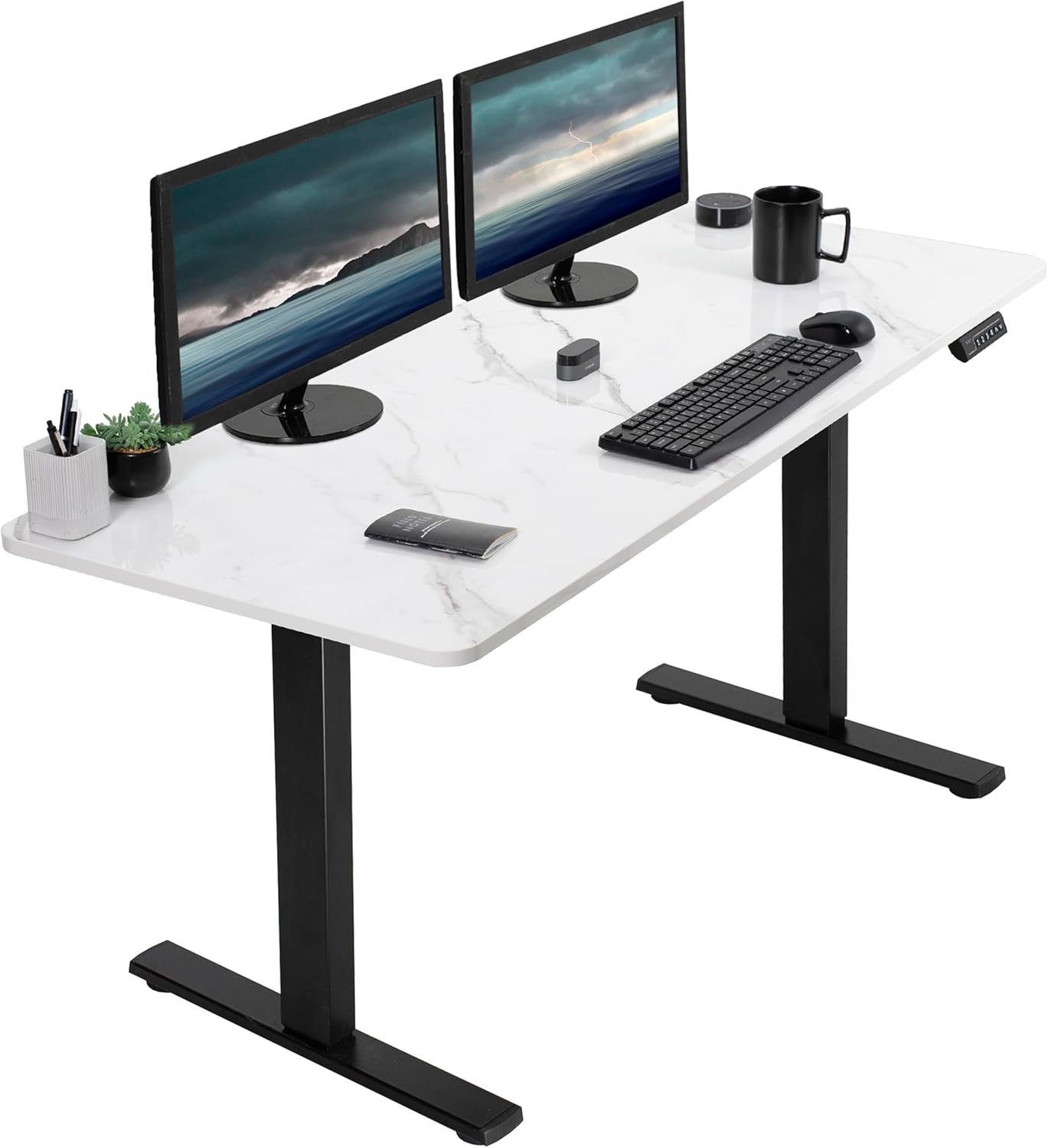 VIVO Electric Dry Erase 60 x 24 in Standing Desk, Memory Height Adjustment, 1B Series, White Marble Pattern Top, Black Frame, DESK-KIT-1B6WM