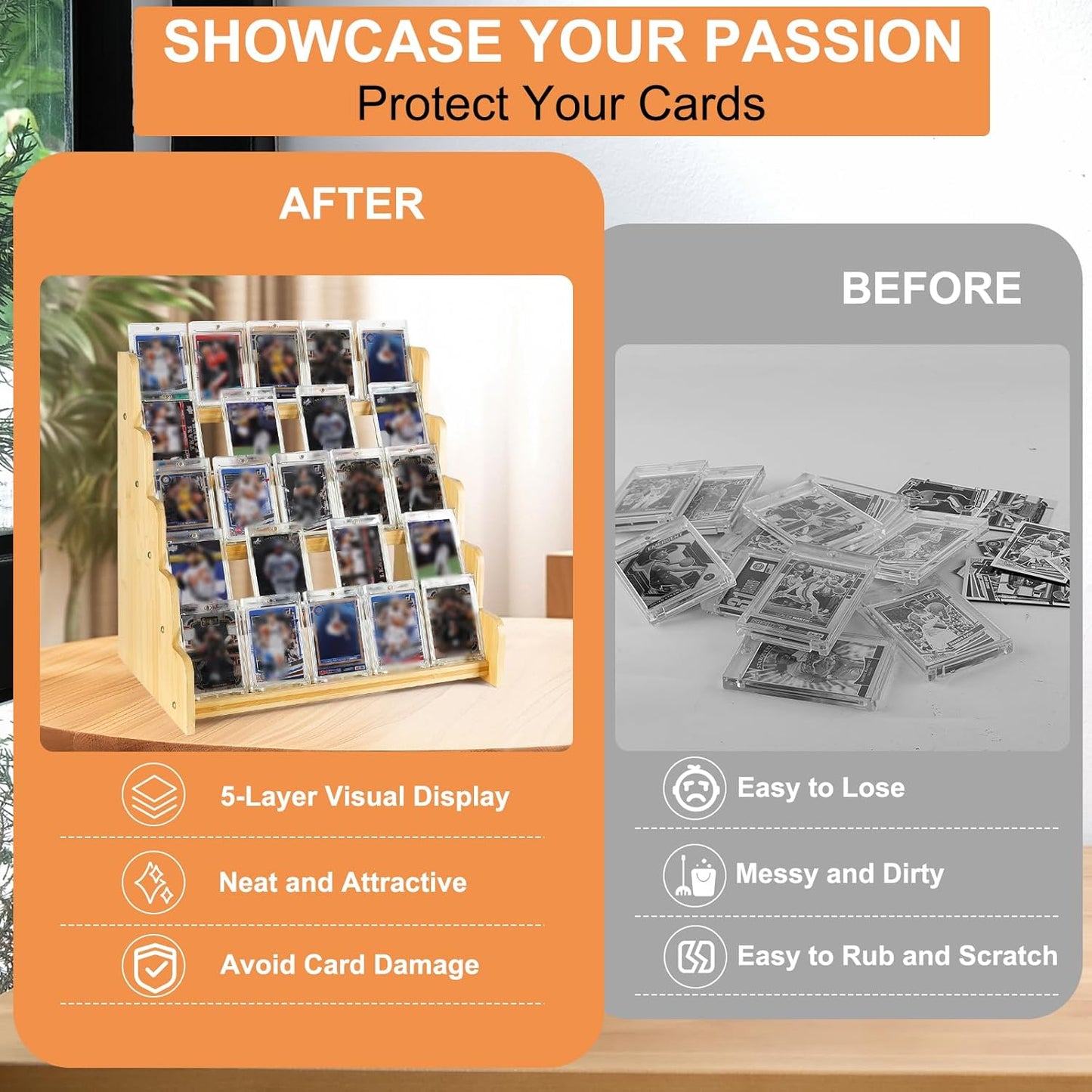 5-Tier Bamboo Trading Card Display Case,35 pt Baseball Card Collection Stand, Sports Card Storage Holder,Card Game Collection (Burlywood)