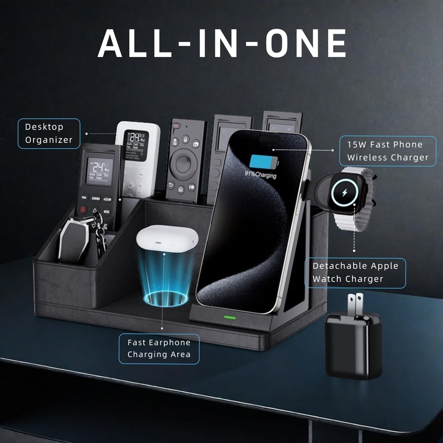 GORESE Leather Desk Organizer with Charging Station, 4 in 1 Nightstand Organizers for Remote Control Pen Holder, Desktop Accessories Workspace Organizers for Office Supplies