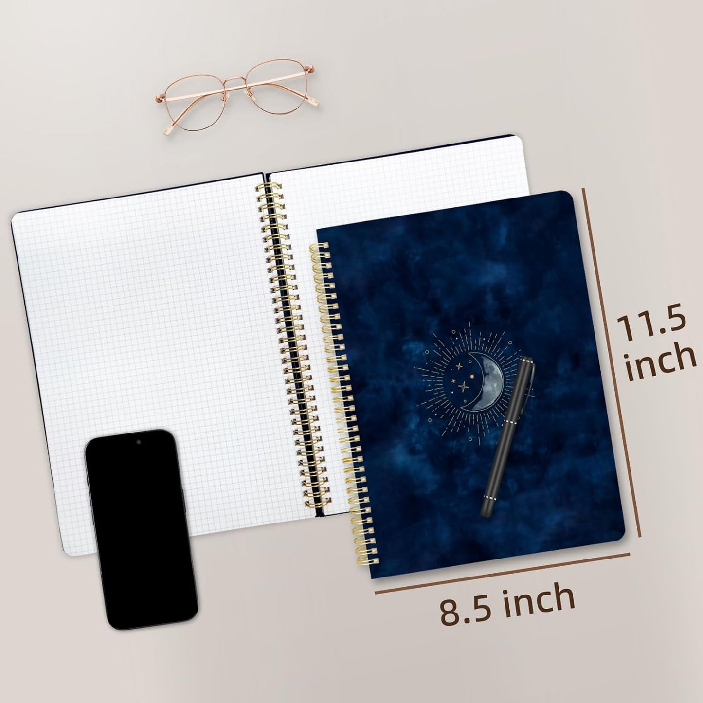 Cute Spiral Notebook journal A4 Aesthetic Pretty Design for Women Girls Kawaii with Pocket, 8.5 x 11 inch, Graph, Blue Moon