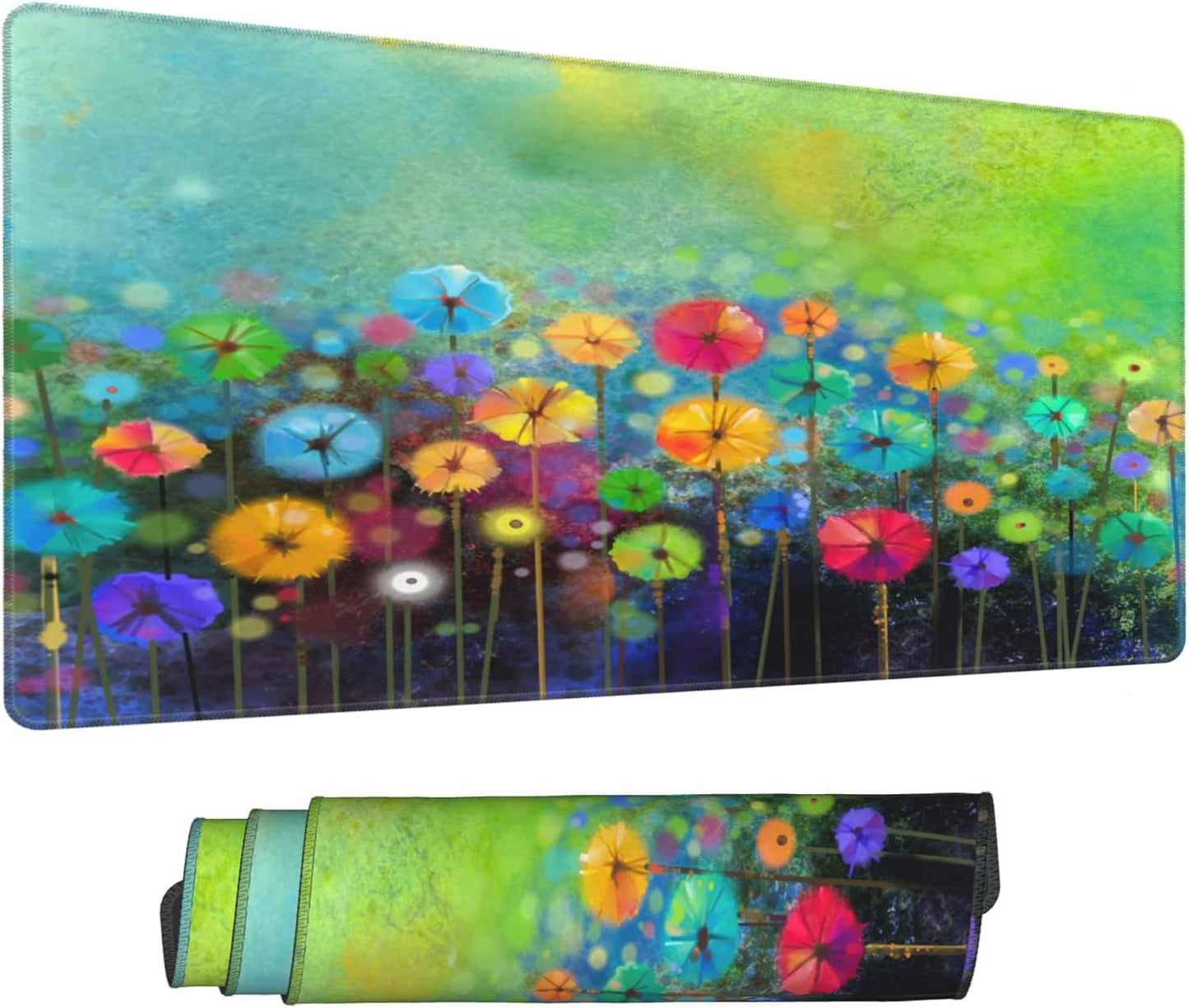 Desk Mat,Abstract Watercolor Flowers Extended Gaming Mouse Pad for Office Work & Game,Computer Keyboard Mouse Mat Desk Non-Slip Rubber Base Large Mousepad with Stitched Edges, 31.5x15.7inch