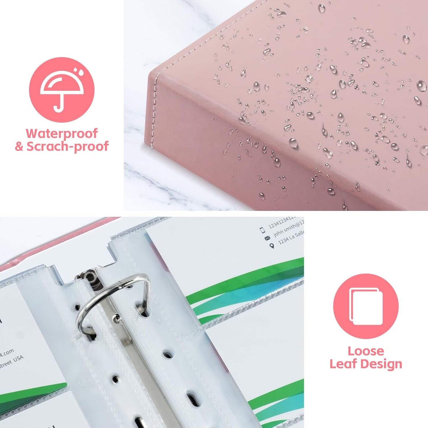 BYSTER A4 Business Card Organizer, PU Leather Card Binder with 30 Pack Sleeves (600 Pockets), Business Card Holder Book for Credit Cards, Membership Cards, and More - Pink